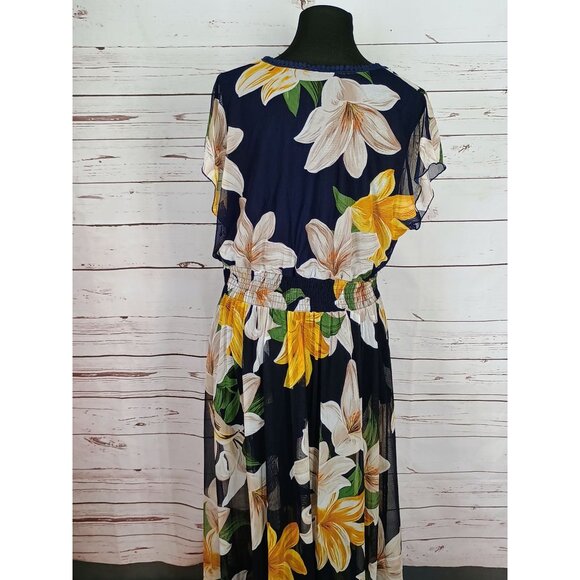 Kate And Lily Floral Maxi Dress V-Neckline Stretch Waist Navy With Floral Print - Picture 3 of 7